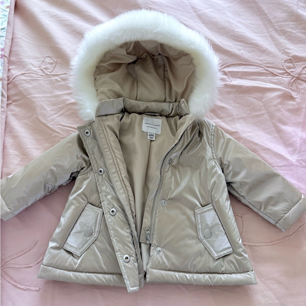 Janie and Jack Tan Hooded Jacket with White Trim